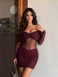 Da Jade Sheer Glitter Mesh Mini Dress, Off Shoulder Ruched Slim Dress For Evening Occasions - Burgundy - View 4