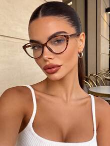 1 Pair Women's Cat-Eye Leopard Print Bohemian Style Non-Prescription Glasses, Prevent Visual Fatigue, Suitable For Campus, Computer, TV, Gaming And Phone Use - Tofu Pudding - View 4