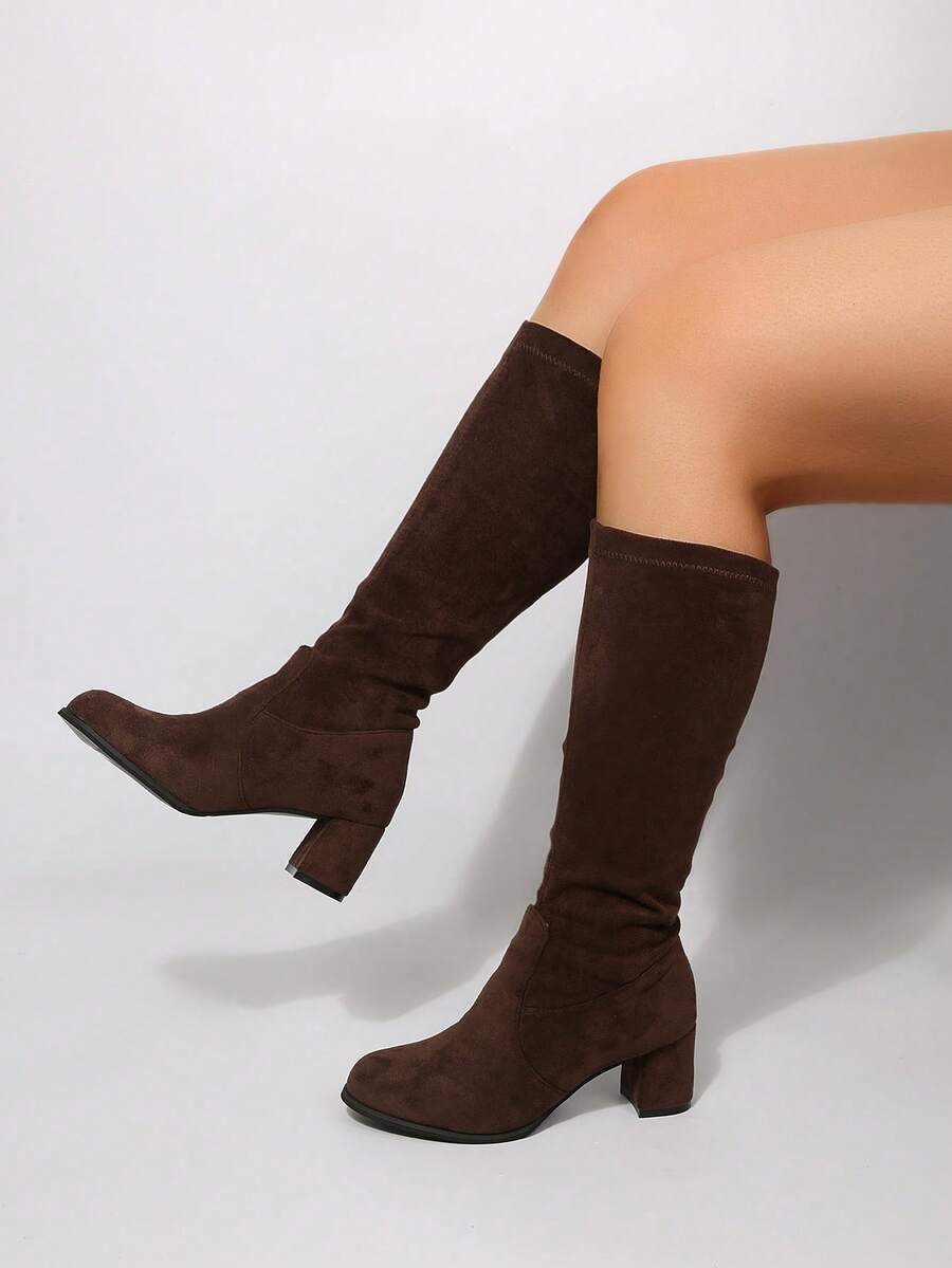 Women's New Solid Color Elastic Mid-Calf Boots, Round Toe Suede Heel 6cm High, Plus Size, Comfortable Anti-Slip, Fashionable Versatile, Match With Jeans, Match With Skirts, Suitable For Daily Wear, Party - Brown - View 1