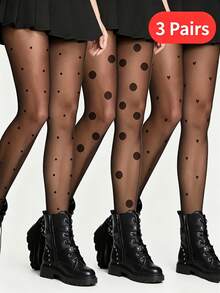 Women's See-Through Black Polka Dot & Heart Print Tights, Sheer Elastic Stockings, Fashionable See-Through Bottoms Suitable For Dresses, Party, Y2K Style Outfits And Casual Daily Wear - Black - View 9