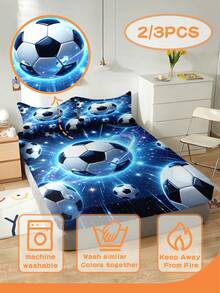 2/3PCS Blue Light Galaxy Soccer Fitted Sheet Green Dinosaur Print Bedding Set For All Seasons Twin/Full/Queen 100% Polyester Machine Washable - Multicolor - View 4