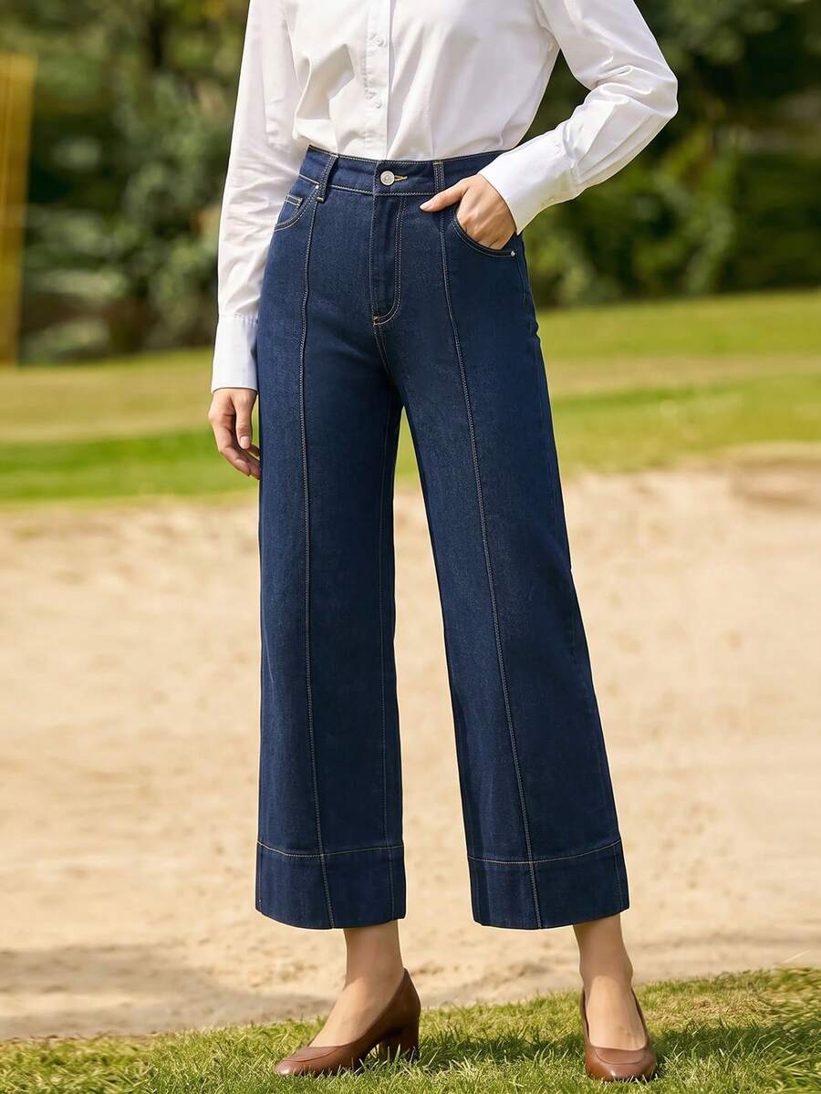 Women's Casual Dark Wash Cropped Flare Jeans With Button And Zipper Details - Tannin Original Color - View 1