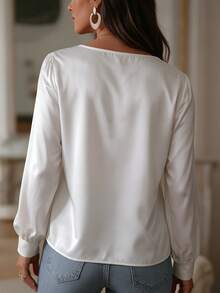 EARO Women's Fashion Long Sleeve Blouse, White, Regular Fit, Silky Satin Fabric, Suitable For Daily Wear - Apricot - View 2