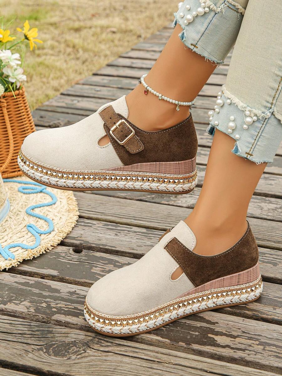 Buckle Round Toe Colorblock Straw Woven Sole Women's Casual Slip-On Flat Thick Sole Shoes For Spring Autumn Daily Wear Commute Vacation Plus Size - Beige Patchwork Chocolate Brown - View 1