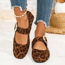 Women's Vintage Leopard Print Mary Jane Flats, Round Toe Heart-Shaped Buckle Strap Design, Lightweight Soft Sole, Versatile Casual Shoes - Leopard Print - View 4
