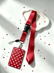 1pc Polka Dot Print PU Leather ID Card Holder With Matching Adjustable Lanyard, Student Campus Bus Access Card Protector, Can Store Student ID, Meal Card, Bus/Metro Card, Access Card, Protects Cards And Can Be Used As Bag Charm, Campus Daily Commute Accessory - Rectangle - View 9