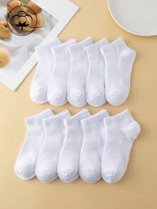 10 Pairs Children's Breathable Mesh Short Cotton Socks, Suitable For Sports (Football/Basketball), Solid Colors, Versatile And Casual - White - View 1