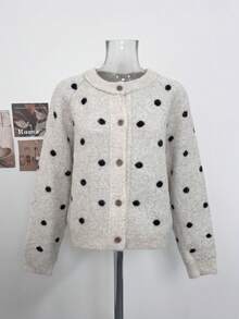 Korean Style Polka Dot Round Neck Knit Cardigan Women Autumn Winter Loose Versatile Soft Cozy Slouchy Sweater Jacket - Apricot - View 6