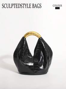 1pc Black Stone Pattern Embossed PU Ruffled Design Vintage Metal Hardware Handbag, Exquisite Fashion Zipper Bucket Bag, Suitable For Commuting And Shopping - Black - View 8