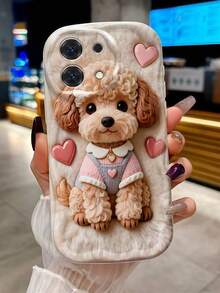1pc Fashion Creative Cute Heart-Shaped Teddy Dog Love Pattern Wavy Edge Phone Case Compatible With IPhone18/18Pro/18ProMax/17/17Pro/17ProMax/16/16Pro/16ProMax/15/14/13/12/11 - Beige - View 1