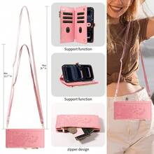 1pc Embossed Zipper Wallet Phone Case Compatible With Apple 18 Pro Max, A57, Note 15 PRO, Faux Leather Portable Crossbody Coin Purse Protective Cover (Global Version, Not Local Model) - Pink - View 3