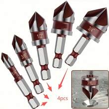 4pcs 82° 5-Flute Countersink Drill Bit Set, Quick-Change Hex Shank 1/4 3/8 1/2 3/4 Inch, For Metal Wood Plastic PVC Concrete Chamfering Deburring, Garage Workshop DIY Hardware Tool - Multi-color - View 9