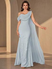 Elegant Women's Long Mermaid Dress With Asymmetrical Rhinestone Details, Suitable For Formal Evening Events - Baby Blue - View 2