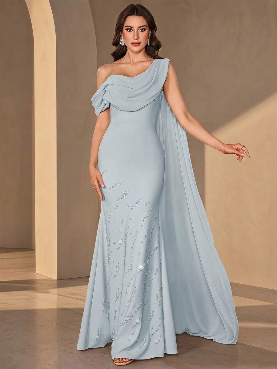Elegant Women's Long Mermaid Dress With Asymmetrical Rhinestone Details, Suitable For Formal Evening Events