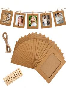 20/10/1pc Vintage Kraft Paper Photo Frame With Clips And Jute Rope, For Banner Home Decor, Suitable For Wedding, Anniversary, Birthday, Holiday Party, Clip-On Photo Display Rack, Multi-Functional Hanging Photo Banner, For Home And Office Decoration - Picture Frame - View 1