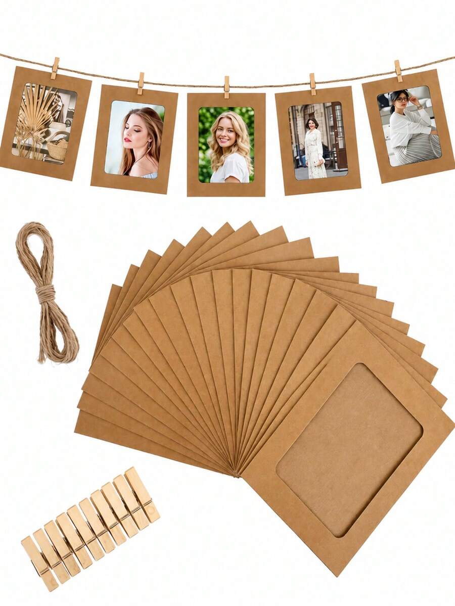 20/10/1pc Vintage Kraft Paper Photo Frame With Clips And Jute Rope, For Banner Home Decor, Suitable For Wedding, Anniversary, Birthday, Holiday Party, Clip-On Photo Display Rack, Multi-Functional Hanging Photo Banner, For Home And Office Decoration - Picture Frame - View 1