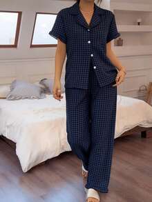 2pcs/Set Women's Pajamas Loungewear Set Blue Black Plaid Print Short Sleeve Lapel Lace Trim Top And Long Pants Spring Summer - Black - View 3