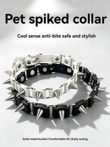 Punk Chain Link Spiked PU Leather Dog Collar, Adjustable Metal Cone Stud Pet Collar, Anti-Bite Cool Dog Neck Collar For Small Medium Dogs, Black & White Optional - Multicolor - View 1