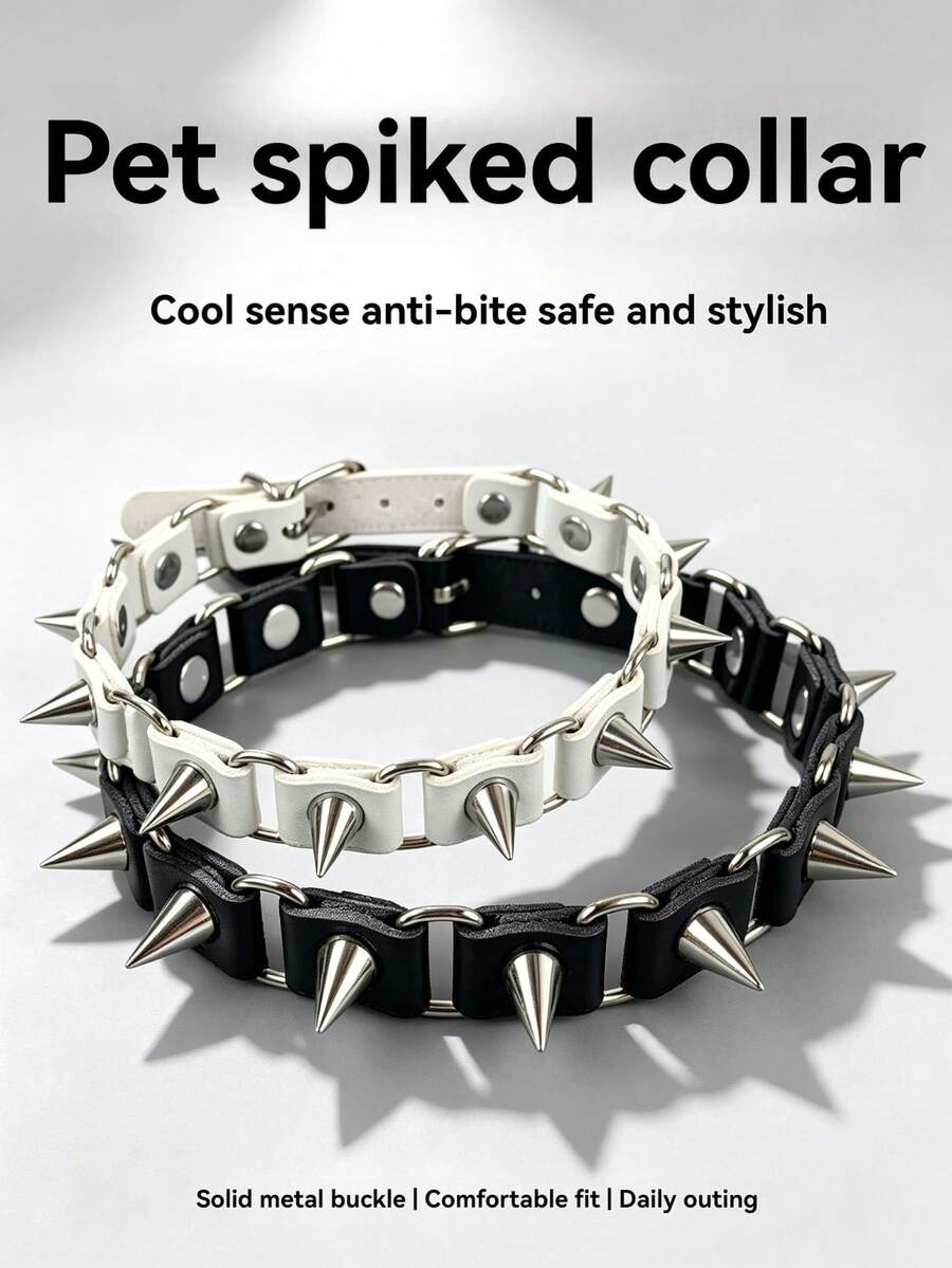 Punk Chain Link Spiked PU Leather Dog Collar, Adjustable Metal Cone Stud Pet Collar, Anti-Bite Cool Dog Neck Collar For Small Medium Dogs, Black & White Optional - Multicolor - View 1