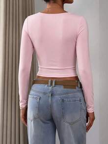 Solid Color Comfortable Ruched Chest Casual Versatile Long Sleeve Top - Baby Pink - View 4