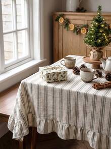 1pc Grey And White Classic Fine Striped Tablecloth, Traditional Country Style Rectangular With Scalloped Edge And Pleated Details, Stain-Resistant Protective Table Cover, Functional Home Long Tablecloth Suitable For Christmas Family Gatherings And Winter Holiday Dining Room Decor - Grey - View 6