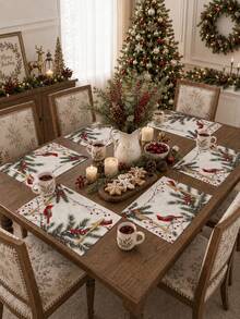 4pcs,6pcs,Christmas,Christmas Red Flower,Christmas Tree,Cardinal Bird Table Placemats,Rectangular Tablecloth,Washable,Suitable For Family Dinner,Coffee Table,Durable Kitchen And Dining Room Decor - Multicolor - View 5
