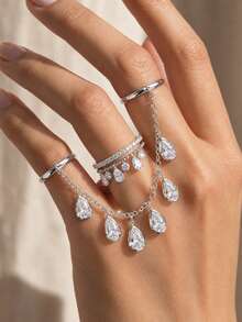 3pcs Elegant Water Drop Shaped Finger Chain & Ring Set, Essential Fashion Jewelry For Women's Party - Water Droplets - View 8