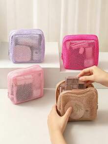 1/2pcs Macaron Color Mesh Small Makeup Bag, Lipstick/Earphone Cable/Coin Small Storage Bag, Portable Zipper Travel Cosmetic Pouch - Multicolor - View 4