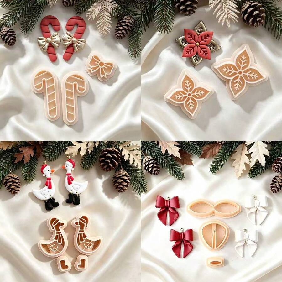Christmas Theme Polymer Clay Cutter, Christmas Duck, Bow, Candy Cane Shaped Clay Mold Set, Christmas Atmosphere Earring Making Tools, Soft Clay Jewelry Making Mold - Apricot - View 1