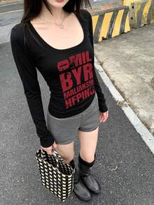 Kaos Wanita Lengan Pendek/Panjang Musim Semi/Gugur Terbaru Generasi Y2K Desain Seru Cetak Bahasa Inggris Gaya Korea Leher U Serbaguna Kasual Slim Fit - Hitam - View 4