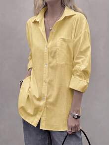 Vellofy Women's Autumn/Winter Brown 100% Pure Cotton Button Shirt Collar Long Sleeve Loose Fit Blouse With Pockets, Suitable For Home Leisure, Daily Dating And Gatherings - Yellow - View 7