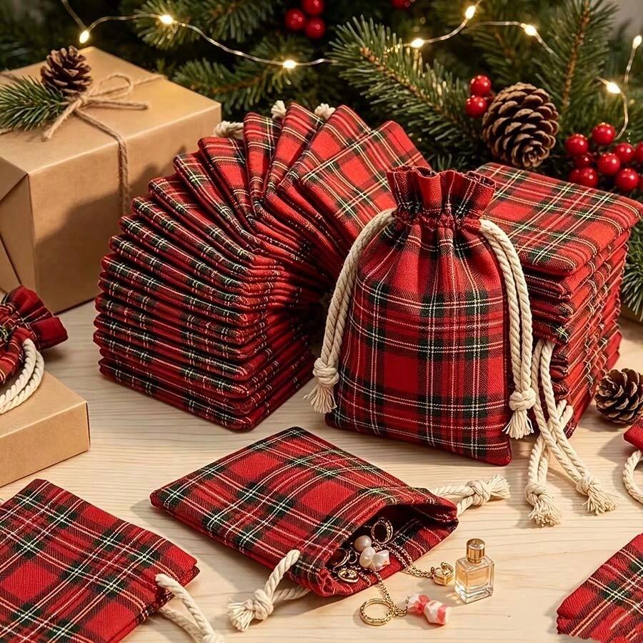 10pcs Red Plaid Drawstring Bags - Small Gift Bags With Plaid Pattern And Drawstring Closure, Suitable For Wedding Gifts, Jewelry Storage, Christmas Candy, Birthday Party Supplies, Beaded Craft Decoration (Fabric Material) - View 1