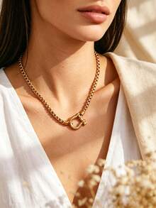 1pc Vintage Style Button & Metal Bead Necklace For Women, Suitable For Party, Daily Commute, Date, Vacation, Travel - Buckle Necklace - View 2