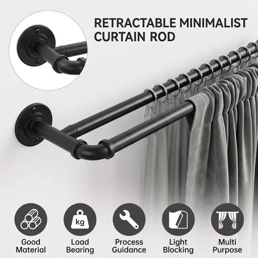 Double Curtain Rod Industrial Pipe Wrap Design 3/4 Inch Heavy Duty Wrap-Around Double Curtain Rod Adjustable Black Telescopic Curtain Rod Suitable For Windows, Living Room, Glass Sliding Doors