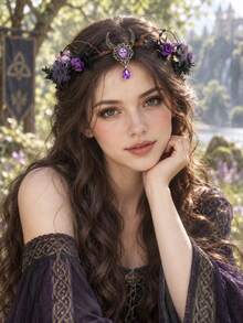 Moon Crystal Flower Crown Headband Black Leaves Gothic Witch Elf Fairy Headpiece Halloween Cosplay Renaissance Wedding Party Hair Accessory - Multicolor - View 3