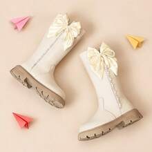 Girls' Sweet Style Pearl Bow Rhinestone Beige Side Zipper High-Top Boots, Suitable For Shopping And Matching With Autumn/Winter Outfits - Beige - View 2