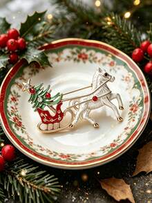Vintage Christmas Carriage Christmas Tree Enamel Brooch - Dynamic White Horse Pulling Sleigh Design, Painted Enamel With Exquisite Rhinestones, Unisex, Winter Fairy Tale Holiday Accessory - Multicolor - View 4