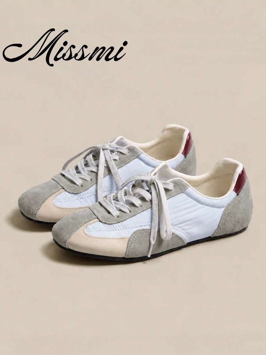 Women's Retro Colorblock German Trainer Sneakers, Lace-Up Flat Casual Sports Shoes, Versatile Style,Back To School - Blue - View 1