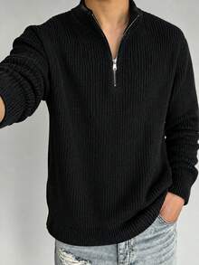 Men's Half-Zip Stand Collar Knit Sweater, Solid Color Ribbed Texture Pullover, Business Casual Commute Thickened Top, Autumn/Winter - Black - View 7