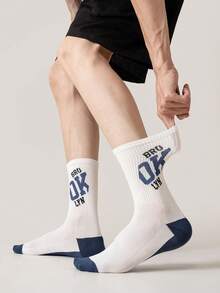 5 Pairs Men's Letter Graphic Cotton Crew Socks, Breathable Moisture Wicking Mesh Socks, Color Block Casual Sport Mid Calf Socks For Daily Wear - Multicolor - View 5