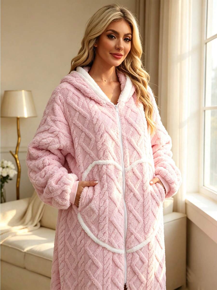 Heart Pattern Women's Hooded Zipper Blanket, Casual Blanket, Sleeping Bag And Camping Bedding, Soft Warm Plush Home Bathrobe, Multi-Functional Wearable Blanket, Thickened Flannel Lining With Lamb Fleece, Long Pile Texture, Suitable For Bedroom Rest And Camping Outdoor Leisure, Ideal For Cold Weather, Available In Multiple Colors: Pink, Purple, Blue, Gray, Heart Pattern - Multicolor - View 1