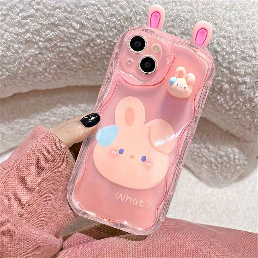 1pc Pink Gradient Background With 3D Pink Rabbit Ears And 3D Mini Rabbit Head Decor, Printed With Cute Big Rabbit Pattern And "What" Text, Transparent Wavy Border TPU Phone Case, Fresh And Sweet Cartoon Cute Elements, Clear And Soft Visual Texture, Raised Camera Area Protection, Rounded Wavy Side Design, Energetic And Adorable Phone Accessory, Cartoon Girl Style - Light Brown - View 1