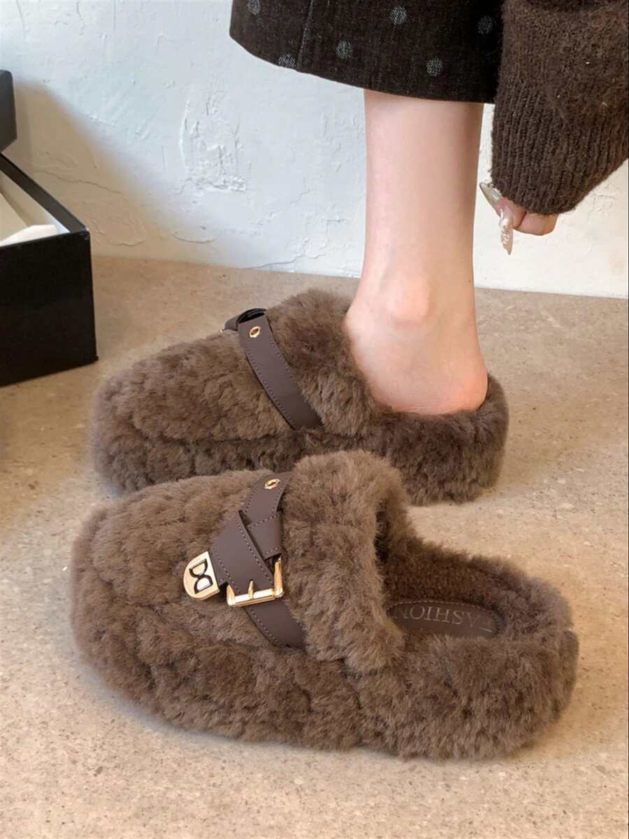 Women's New Winter Thick Sole Closed Toe Warm Fur Slippers, Outdoor ...