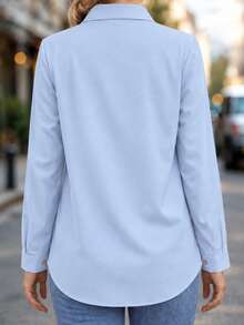 New Arrival All Season Fashion Women's Long Sleeve Button-Up Shirt With Faux Pockets - Blue - View 2