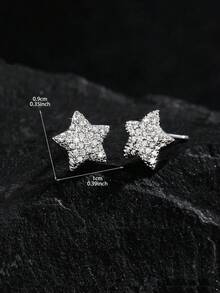 1 Pair/Multi-Style Full Rhinestone Exquisite Five-Pointed Star Stud Earrings, Densely Set Zirconia Silver-Tone Unisex Ear Jewelry, Suitable For Holiday Parties And Daily Wear - Silver - View 3