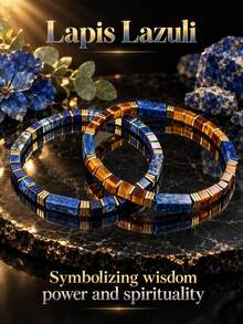 2pcs/Set Vintage Style Lapis Lazuli 5mm Square Bead Bracelet, Symbolizing Wisdom, Power And Spirituality, Handmade Natural Stone Elastic Cord Jewelry, Best Gift Choice For Friends - Multicolor - View 6