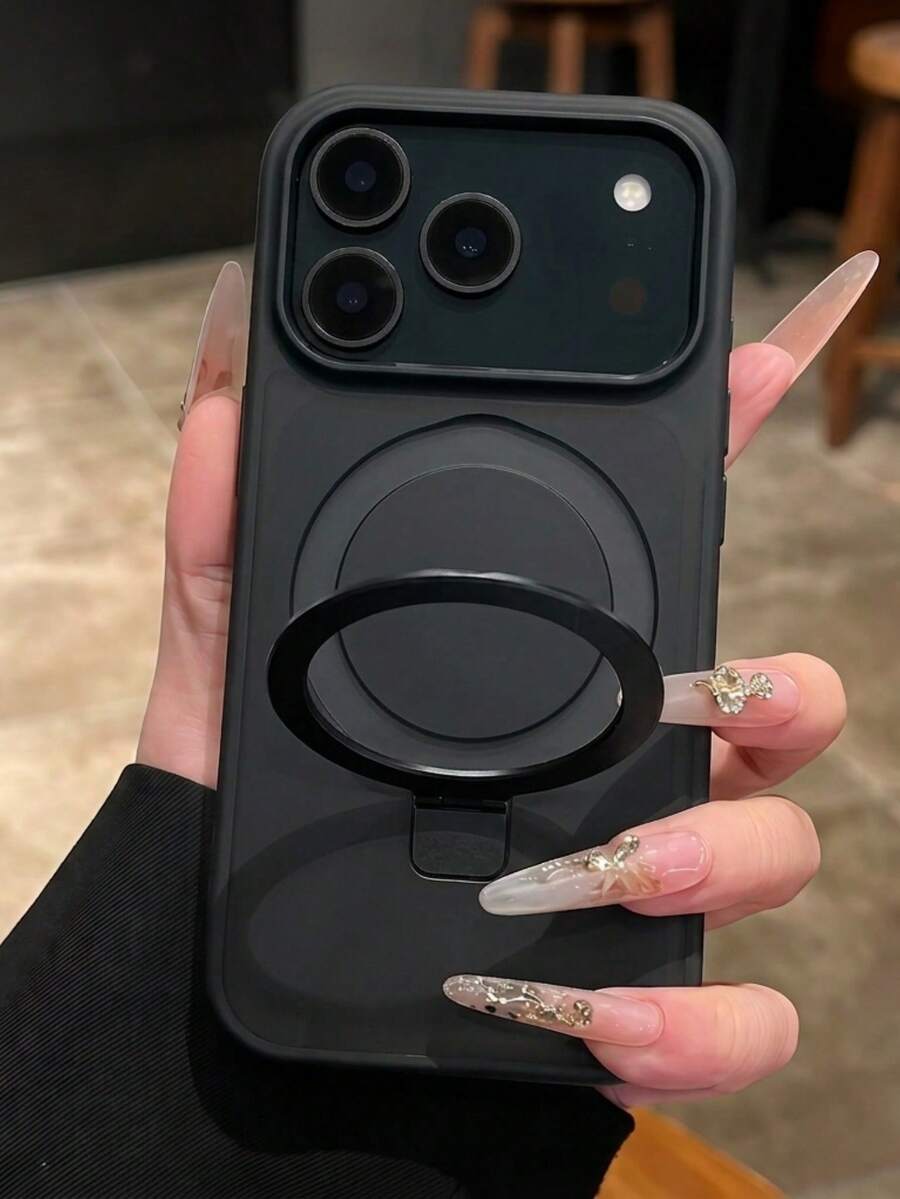 Matte Skin-Feel Magnetic Kickstand Phone Case Compatible With IPhone 18 17 16 15 14 13 Pro Max Wireless Charge Ring HOlder Premium Look Fingerprint-Resistant Shockproof Protective Cover - Black - View 1