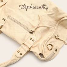 STEPHIECATHY Women's Fashion Casual Street Style Soft Washed PU Leather Tote Bag, Zipper Closure, Woven Decor, Large Capacity, Adjustable Shoulder Strap - Beige - View 3