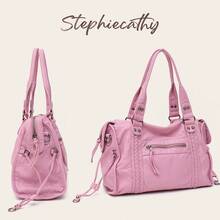 STEPHIECATHY Women's Fashionable Casual Cool Street Style Soft Brush Off Washed PU Vegan Leather Zipper Closure Zip Pockets Braid Decor Large Capacity Fits 13' Lap - Sugar Pink - View 3