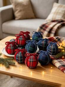 1pc 3.14 Inch Plaid Christmas Ball Ornament With Velvet Bow Ribbon, Suitable For Decorating Christmas Tree, Wreath, Garland And Fireplace Mantel, Also As Tabletop Decor, Perfect For Winter, New Year And Christmas Home Decoration - Multicolor - View 7